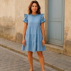 Sea New York Waverly Dress Womens Sz 2 Blue Omens Midi Ramie Flutter Sleeve MINT